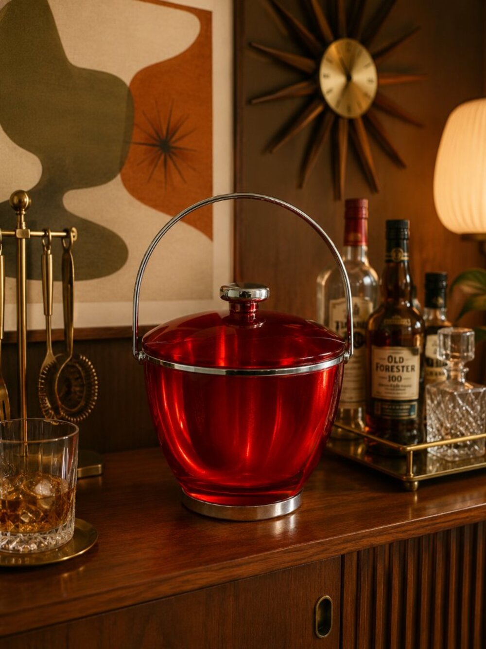 Vintage Ice Bucket 60's Red Acrylic and Stainless